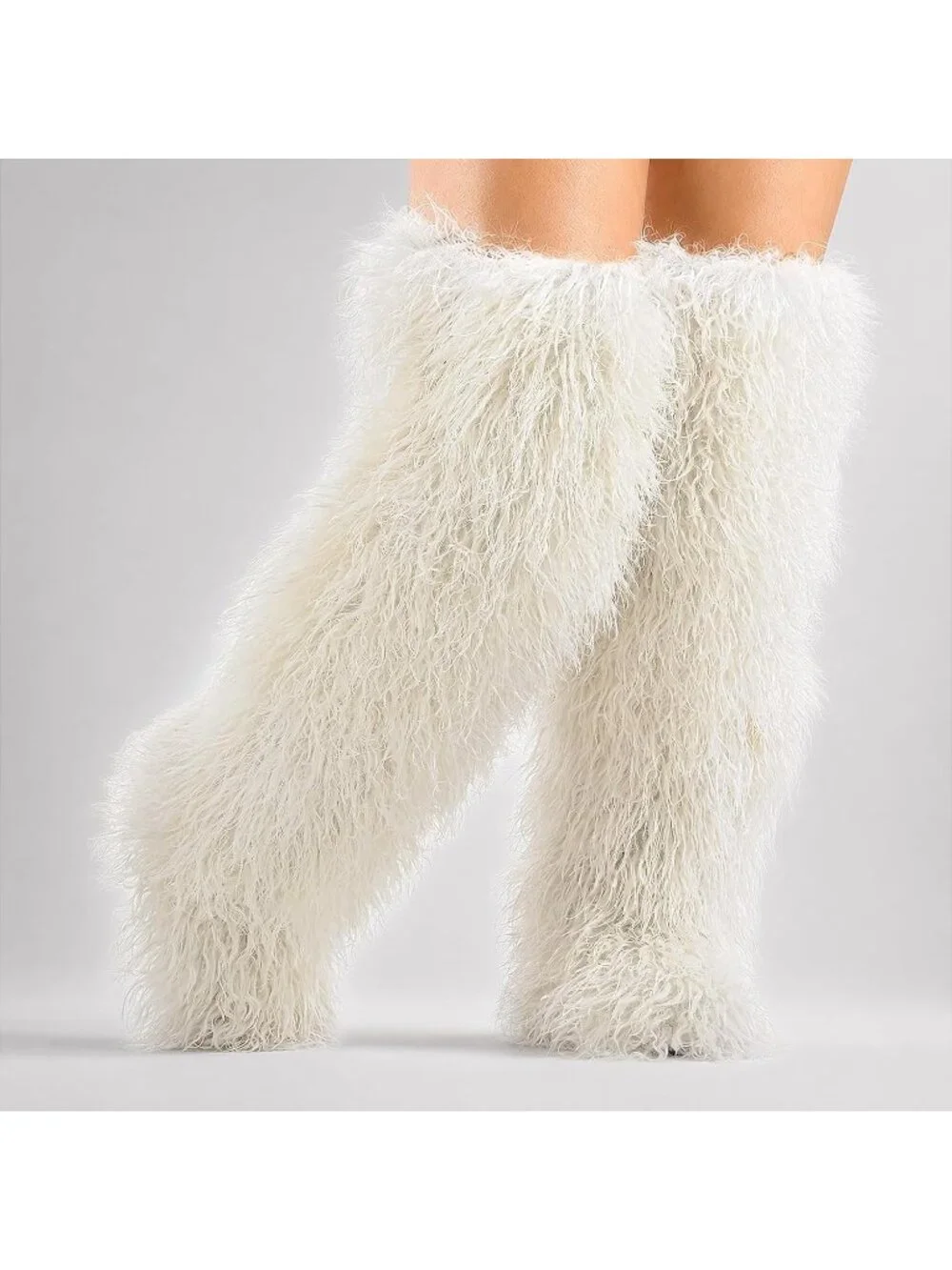 Women's Beige Faux Fur Flat Stretch Over The Knee Furry Thigh High Boots